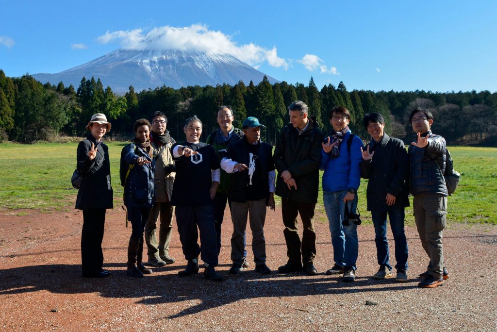 Dr Sada Mire with Professor Konaka and his scholarly team at Mount Fuji with a local DJ and farmer, 2015